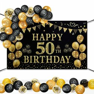 GuKKK 50 Años Decoración de Fiesta de Cumpleaños de Oro Negro, 50 Pancarta Feliz Cumpleaños, 15 Pcs Globos de Cumpleaños, Fondo Foto Cumpleaños, Póster de Tela Cartel Extra Grande para Niños Niñas