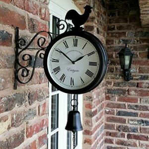 Reloj de pared para jardín exteriores de doble cara retro, con campana de gallo y soporte de estación, negro, 30x37x9 cm