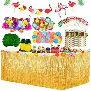 Yojoloin 128 Pcs Hawaiano Luau Falda de mesa Set de decoración,de fiesta tropical de 9.6FT con hojas de palma Flores hawaianas Paraguas y pajitas de Fruta decoraciones de mesa de fiesta Tiki de verano