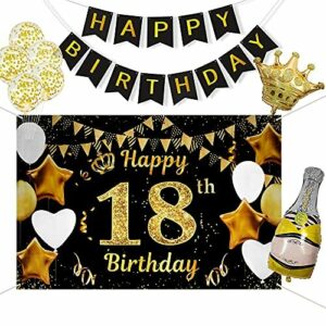 18 Años Decoración de Fiesta de Cumpleaños de Oro Negro, Taumie Póster de Tela Cartel Extra Grande para 18 Aniversario Feliz Cumpleaños Pancarta, Banderas de Cumpleaños, 7 Pcs Globos de Cumpleaños
