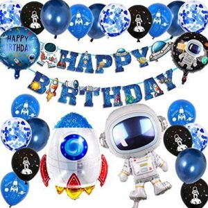 Decoraciones Cumpleaños para Niño Tema de Astronauta Espacial Niño Decoraciones de Globos Azules Cohete Luna Globos de Papel de Aluminio Pancarta de Cumpleaños Niños
