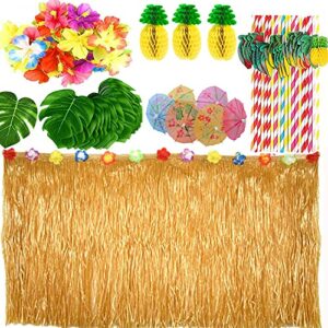 Xiaorouqiu [Actualizado/Updated] 119 Piezas Hawaiana Luau Falda de Mesa, Set de Decoración de Fiesta Tropical Hawaiana con 9 Pies, Hojas de Palma Flores, Piña de Papel, Tapas de Comida de Paraguas