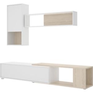 Mueble de salón y tv leo blanco y madera natural 205x180x41 cm(anchoxaltoxfondo)