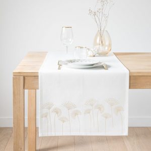 Camino de mesa de algodón blanco con motivos de palmeras doradas 48x150