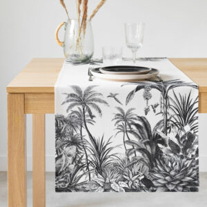 Camino de mesa de algodón orgánico con estampado negro y blanco 48 x 150 cm
