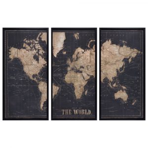 Cuadro tríptico mapa del mundo negro 180x120