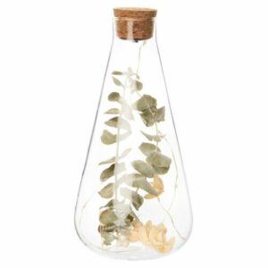 Frasco en forma de gota de cristal con luz, tapa de corcho y flores 24 cm