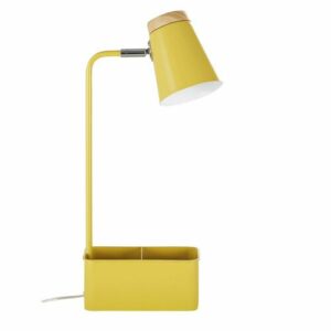 Lámpara de escritorio con portalápices y compartimentos de metal amarillo y hevea