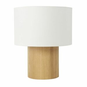 Lámpara de roble marrón con pantalla de algodón blanco
