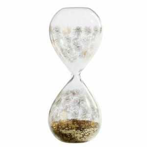 Reloj de arena de cristal con purpurina dorada y estampado de hojas