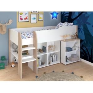 Cama MARIA - Con escritorio y compartimentos - 90 x 200 cm - Color: blanco y roble