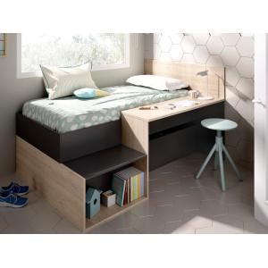 Cama con compartimentos y escritorio LISON - 90 x 190 cm - Color: antracita y roble