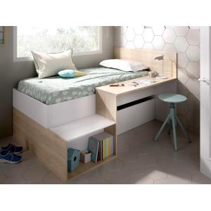 Cama con compartimentos y escritorio LISON - 90 x 190 cm - Color: blanco y roble