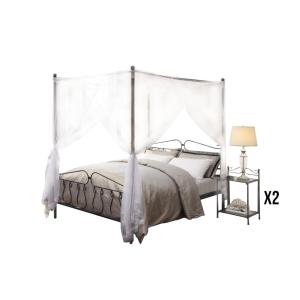 Conjunto dormitorio MARQUISE - Cama con dosel 140x190 cm y 2 mesas de noche - Metal estilo hierro forjado