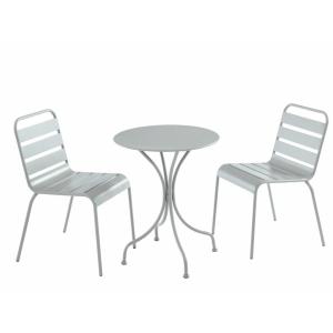 Comedor de jardín de metal - una mesa Ø 60cm y 2 sillas apilables - Gris - MIRMANDE