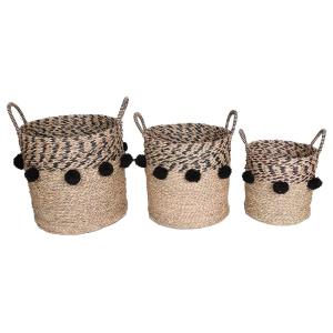 Juego de 3 cestas de junco de mar étnico con pompones NILLA - natural y negro