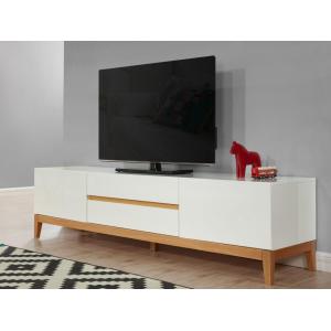 Mueble TV SEDNA - 2 puertas y 2 cajones - Roble macizo y MDF lacado blanco
