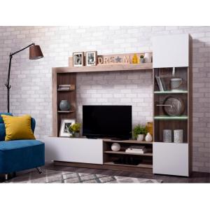 Mueble TV ARKALA con compartimentos - LEDs - Blanco y castaño