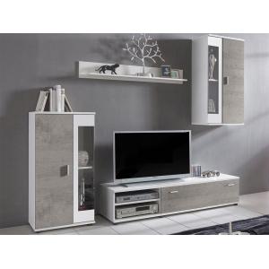 Mueble TV DYLAN con compartimentos - LEDs - Color: blanco y cemento