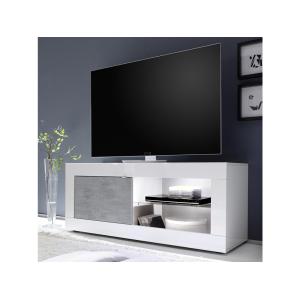 Mueble TV COMETE - LEDs - 1 Porte - Blanco lacado y cemento