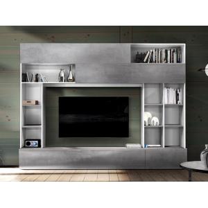 Mueble TV MAJORIS con compartimentos - Color: blanco lacado y cemento