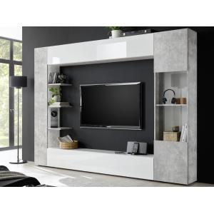 Mueble TV SIRIUS con compartimentos - Color: blanco lacado y cemento