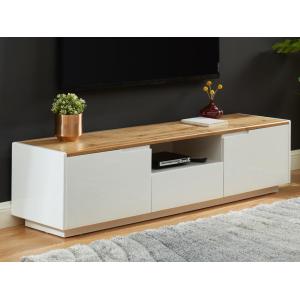 Mueble TV AMANI - 2 puertas y 1 cajón - MDF lacado blanco - Color: blanco y roble