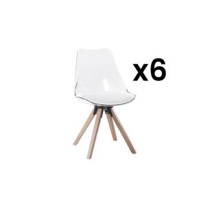 Lote de 6 sillas LOVA - Policarbonato, piel sintética y haya - Blanco & transparente
