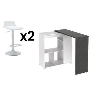 Conjunto "Bar": Mueble de bar SATURNE + 2 taburetes de bar CALAS - Blanco y cemento